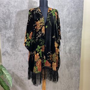 Daniel Rainn Women M Velour Boho Open Front Cardigan Kimono Topper Fringe gypsy